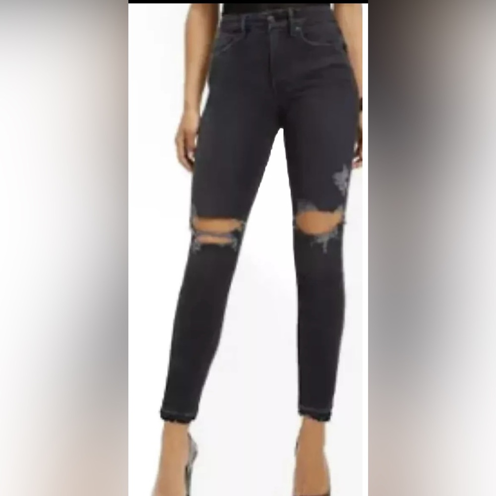 GOOD AMERICAN WOMEN STRETCH SKINNY LEG JEANS EMBOSSED LOGO WITH DISTRESS CUT BLK